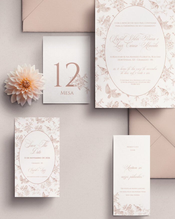 Kit Convite de Casamento - Template Fine Art Vintage Padrão Pássaros - Image 3