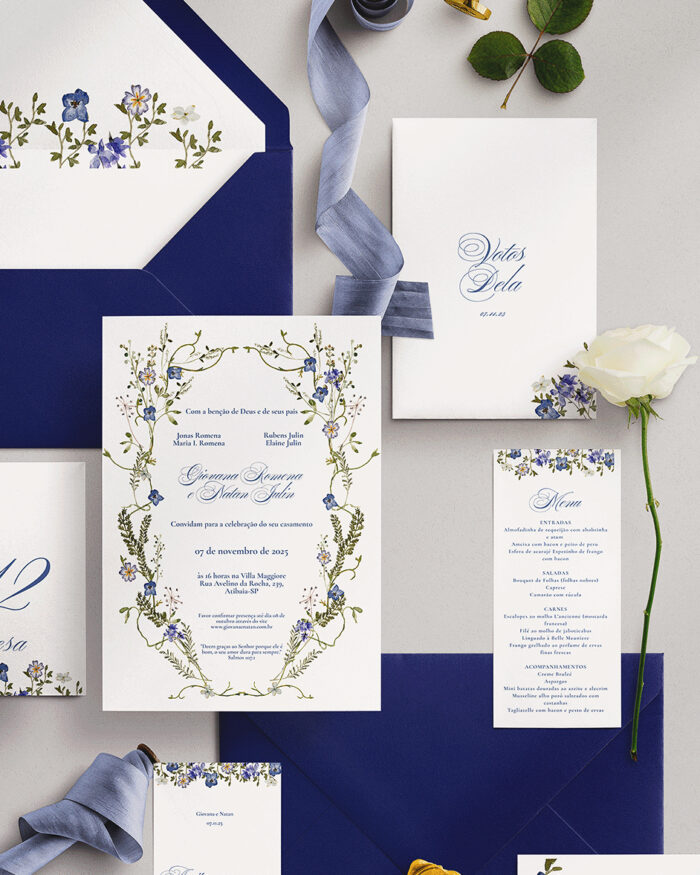 Kit Convite de Casamento - Template Fine Art Aquarela Flores Prensadas Moldura Azul - Imagem 2