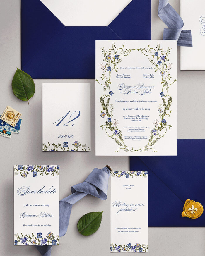 Kit Convite de Casamento - Template Fine Art Aquarela Flores Prensadas Moldura Azul - Imagem 3