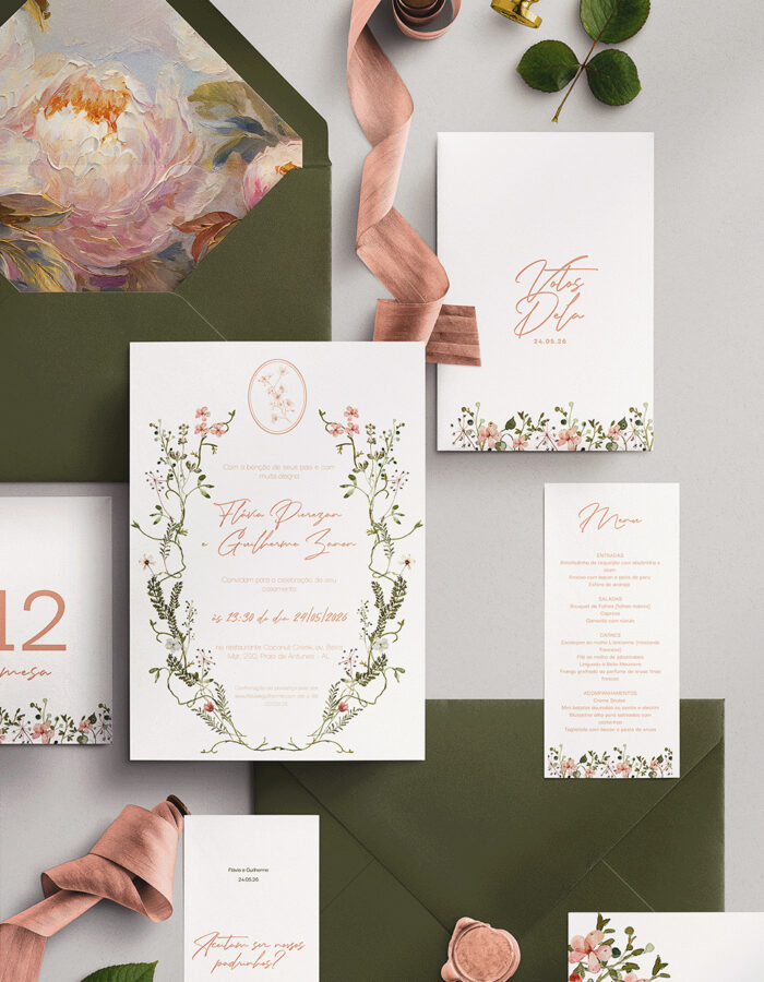 Kit Convite de Casamento - Template Fine Art Moldura Floral Rosa com Brasão - Imagem 2