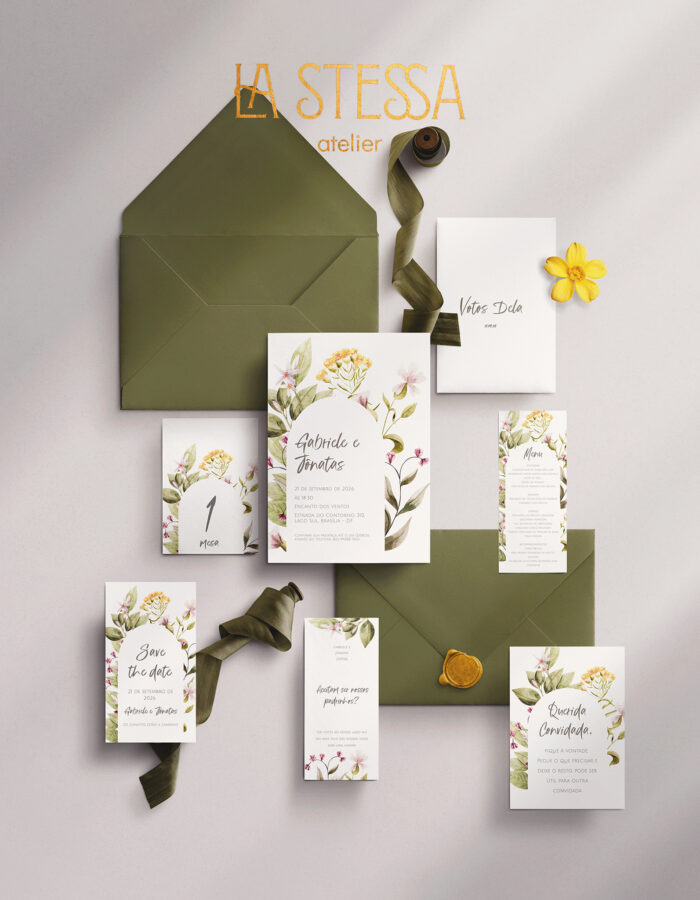 Kit Convite de Casamento - Template Aquarela Arco Flores Selvagens