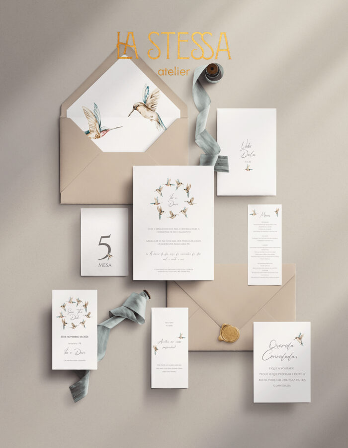 Kit Convite de Casamento - Template Aquarela Beija-flor