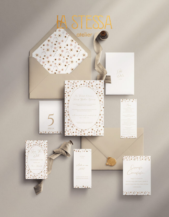 Kit Convite de Casamento - Template Aquarela Flores Prensadas Nude com Moldura
