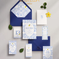 Kit Convite de Casamento - Template Aquarela Moldura Azulejo Português Limão Siciliano