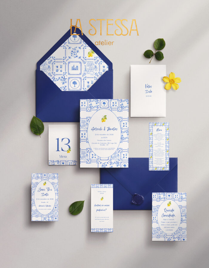 Kit Convite de Casamento - Template Aquarela Moldura Azulejo Português Limão Siciliano