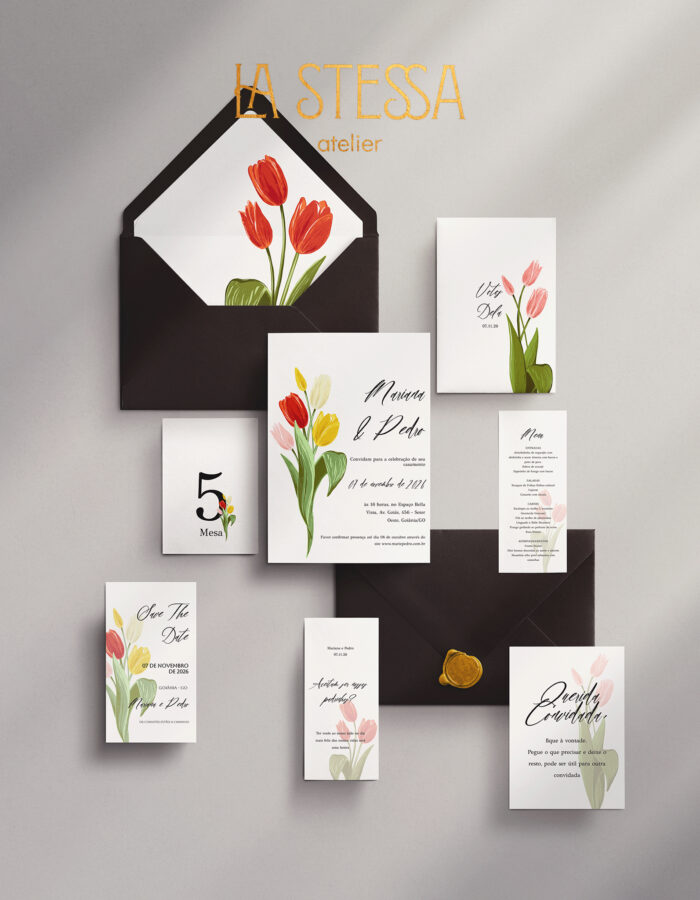 Kit Convite de Casamento -  Template Aquarela Tulipa