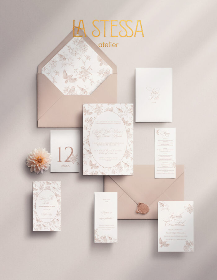 Kit Convite de Casamento - Template Fine Art Vintage Padrão Pássaros