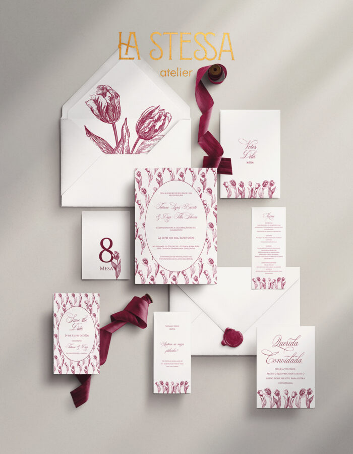 Kit Convite de Casamento - Template Fine Art Vintage Padrão Tulipas