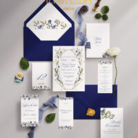 Kit Convite de Casamento - Template Fine Art Aquarela Flores Prensadas Moldura Azul