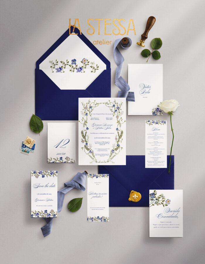 Kit Convite de Casamento - Template Fine Art Aquarela Flores Prensadas Moldura Azul