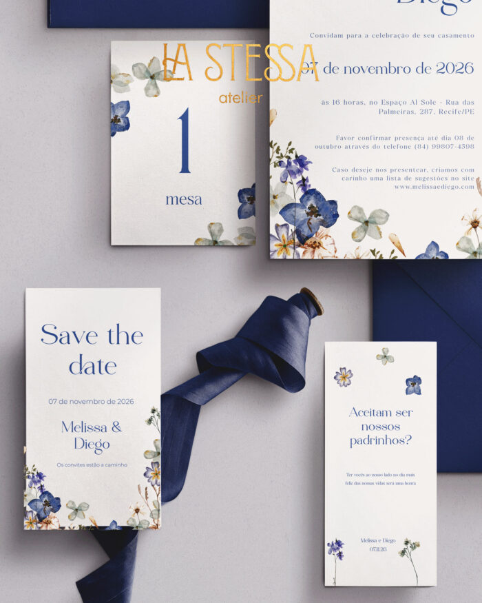 Kit Convite de Casamento -  Template Flores Prensadas Azul Moderno - Image 3