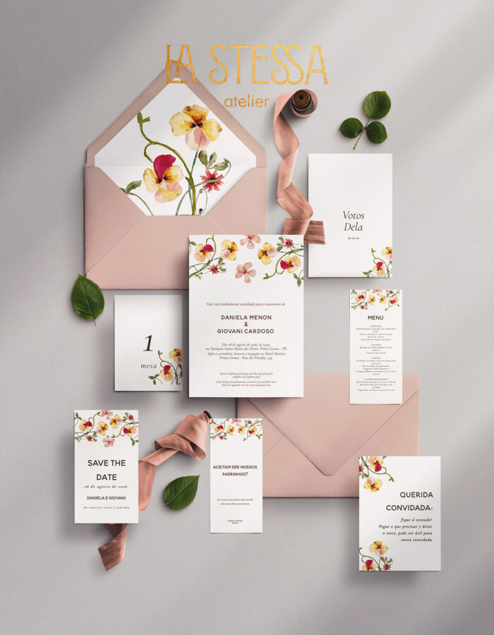 Kit Convite de Casamento - Template Flores Prensadas Rosê Minimalista