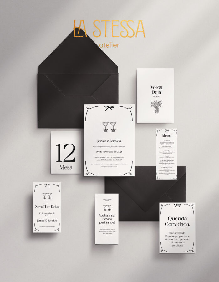 Kit Template Convite de Casamento -  Moderno Ilustração Taças com Laço