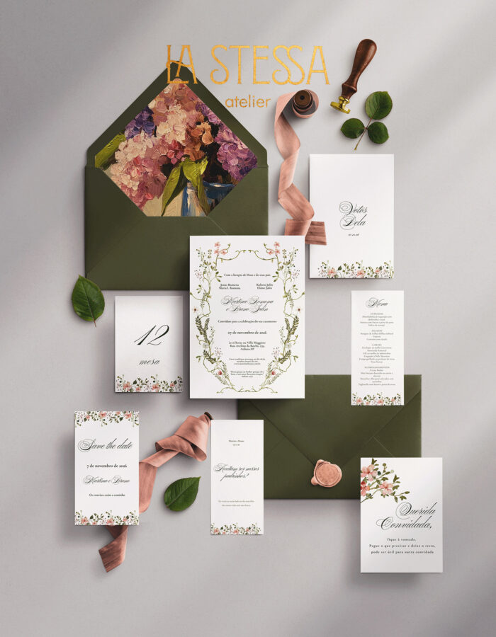 Kit Convite de Casamento - Template Fine Art Moldura Floral Rosa