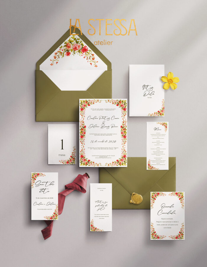Kit Convite de Casamento - Template Fine Art Moldura Aquarela Floral Primavera