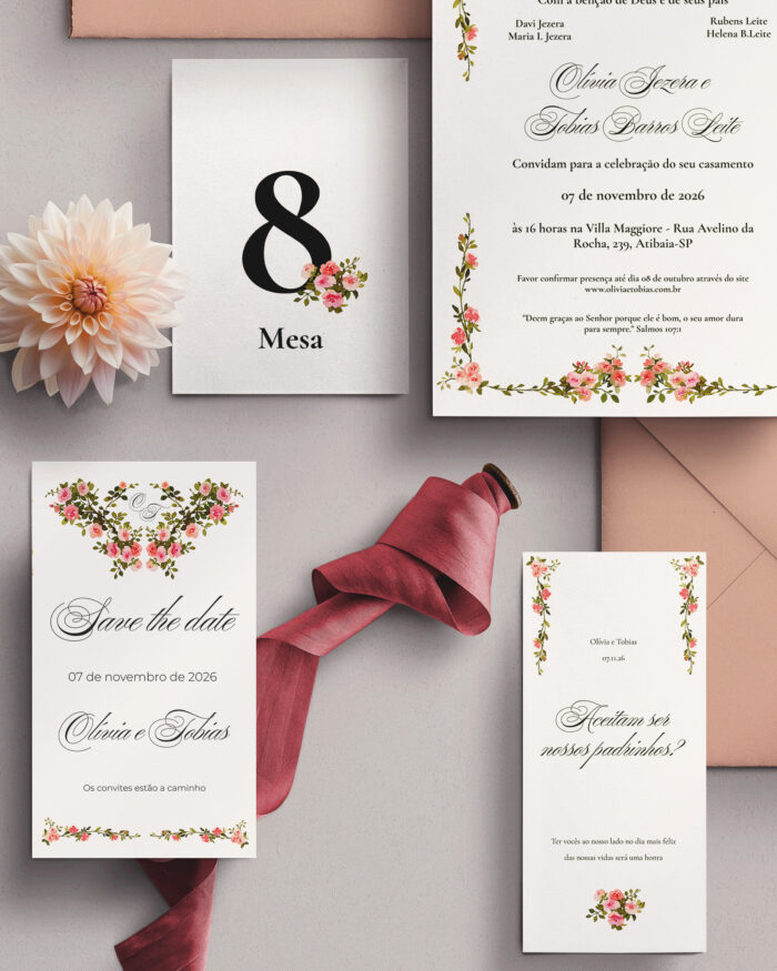 Kit Convite de Casamento -  Template Fine Art Moldura Aquarela Floral Rosê com Monograma - Imagem 3