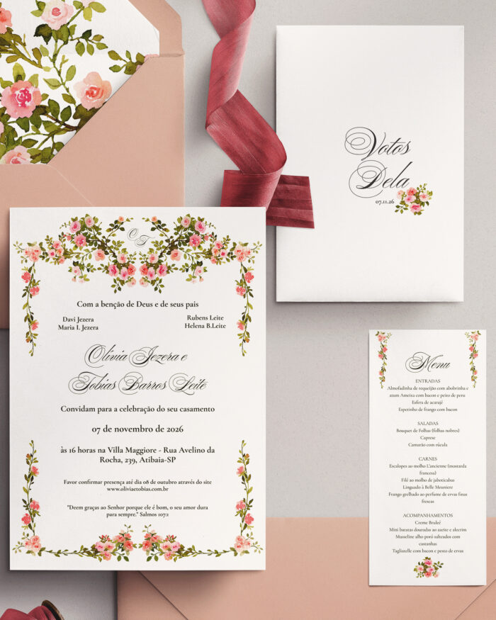 Kit Convite de Casamento -  Template Fine Art Moldura Aquarela Floral Rosê com Monograma - Imagem 2