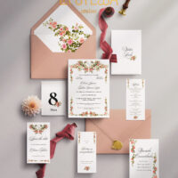 Kit Convite de Casamento -  Template Fine Art Moldura Aquarela Floral Rosê com Monograma