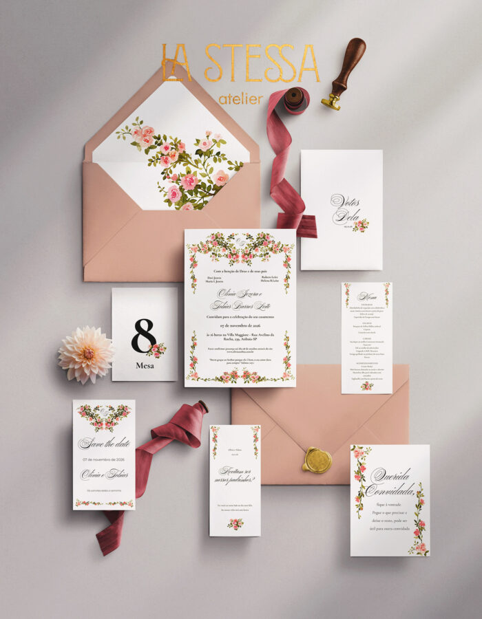 Kit Convite de Casamento -  Template Fine Art Moldura Aquarela Floral Rosê com Monograma