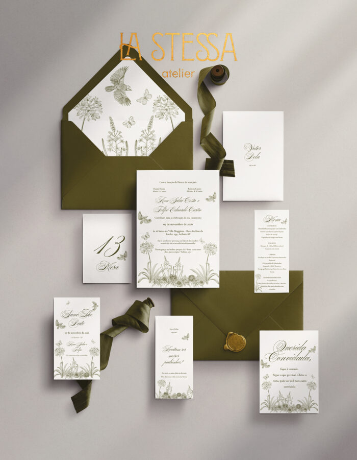 Kit Convite de Casamento - Template Vintage Jardim Borboletas e Pássaros