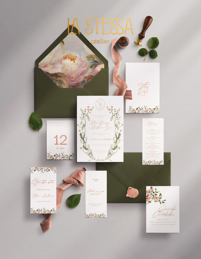 Kit Convite de Casamento - Template Fine Art Moldura Floral Rosa com Brasão