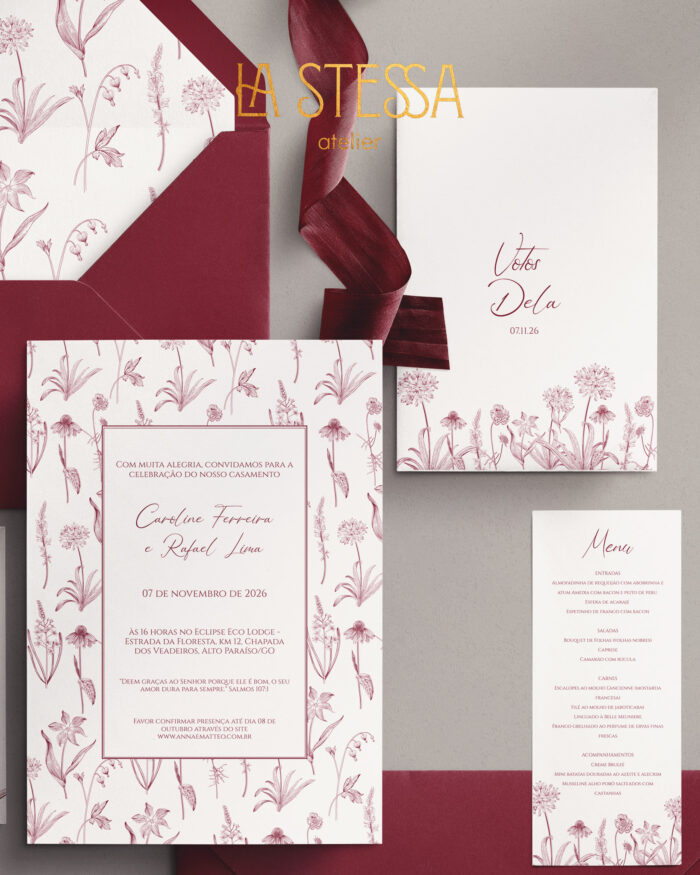 Kit Convite de Casamento -  Template Vintage Padrão Flores Selvagens - Image 2
