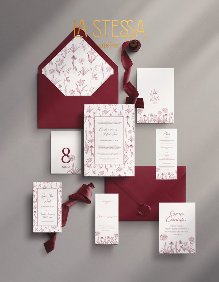 Kit Convite de Casamento -  Template Vintage Padrão Flores Selvagens