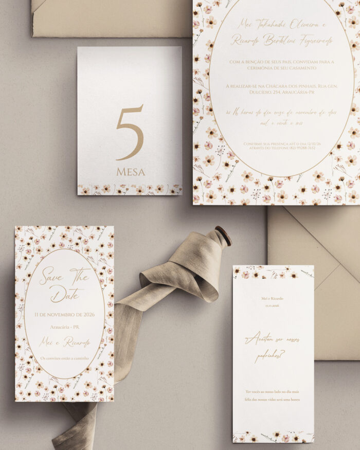Kit Convite de Casamento - Template Aquarela Flores Prensadas Nude com Moldura - Image 2