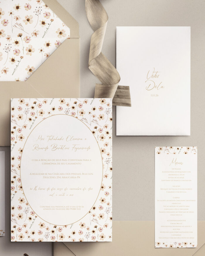 Kit Convite de Casamento - Template Aquarela Flores Prensadas Nude com Moldura - Image 3
