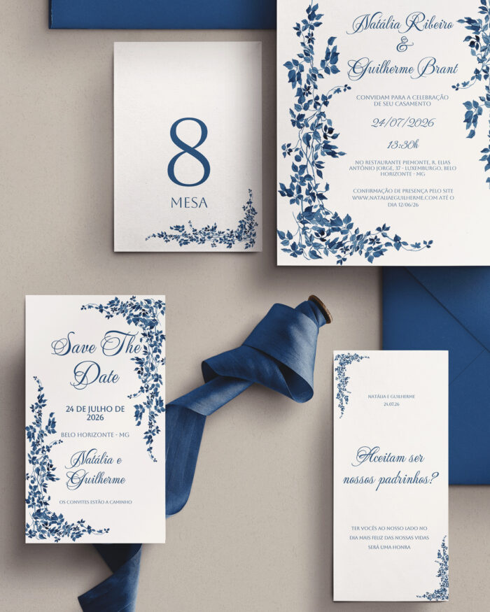 Kit Convite de Casamento - Template Aquarela Folhagem Azul Moldura - Image 3