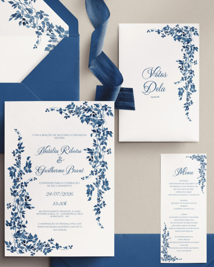 Kit Convite de Casamento - Template Aquarela Folhagem Azul Moldura - Image 2
