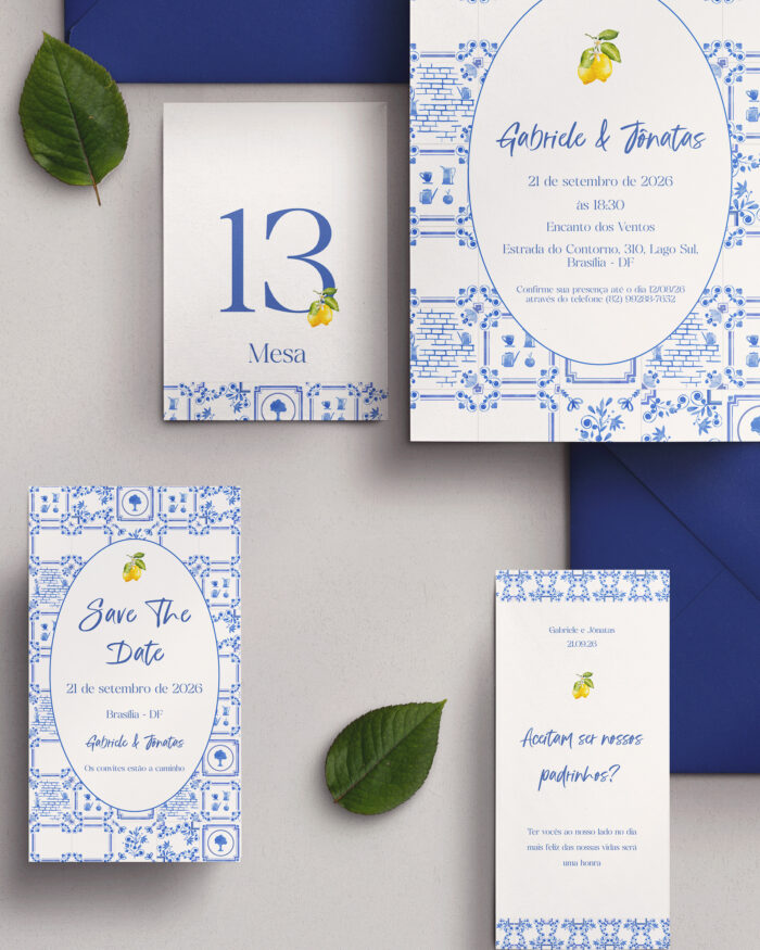 Kit Convite de Casamento - Template Aquarela Moldura Azulejo Português Limão Siciliano - Imagem 2