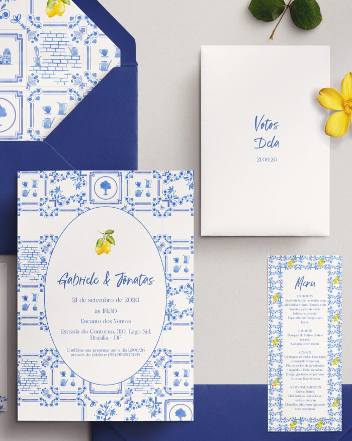 Kit Convite de Casamento - Template Aquarela Moldura Azulejo Português Limão Siciliano - Imagem 3