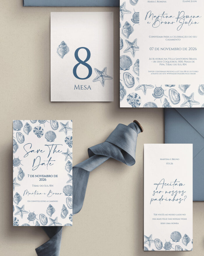 Kit Convite de Casamento - Template Fine Art Vintage Padrão Conchas - Image 3
